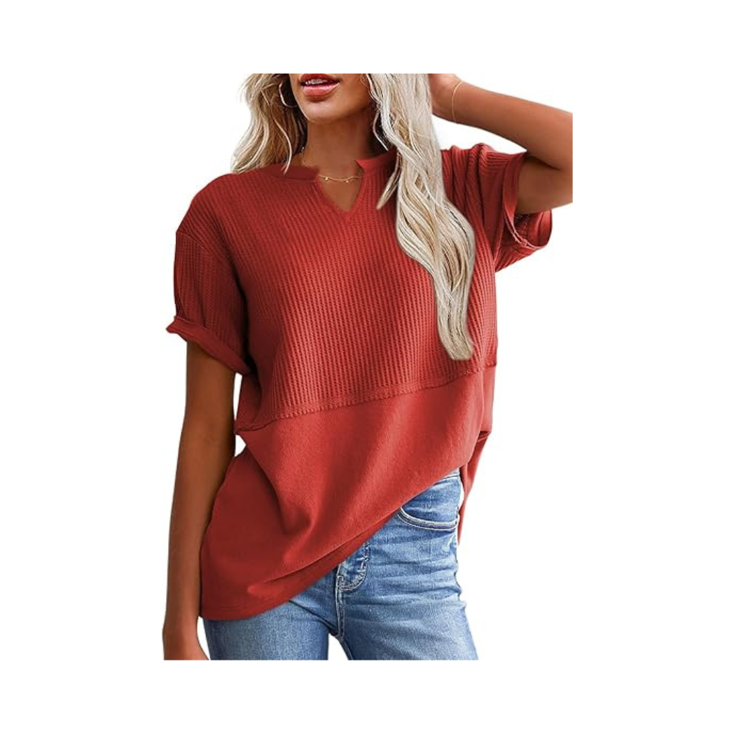 Roomheatpro Womens Casual V Neck Waffle Knit Tops Short